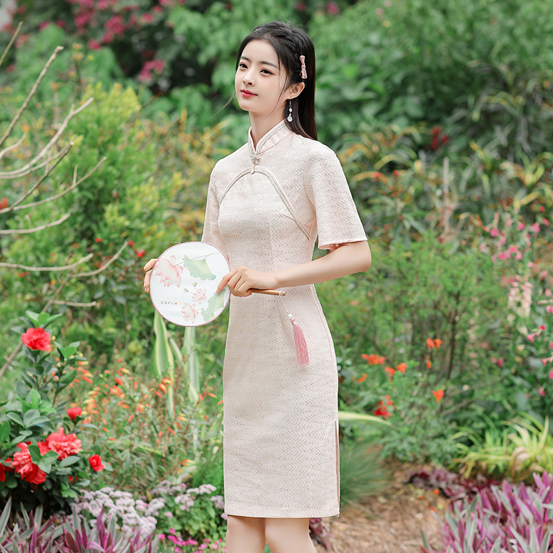FZSLCYIYI-Qipao largo hasta la rodilla para mujer, Cheongsam de boda, cuello mandarín tradicional, manga corta, hojas de encaje