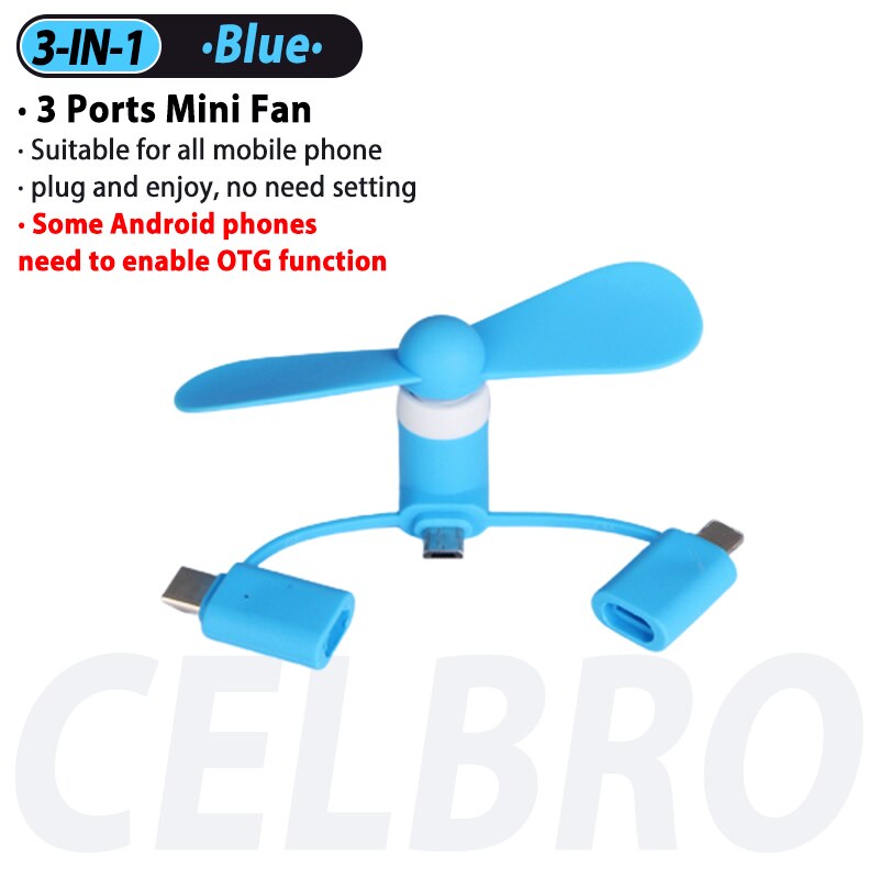 3-In-1 Mini Mobiele Telefoon Ventilator Draagbare Mobiele Telefoon Ventilator Cooling Type C Micro Port Fan 3 in 1 3in1 Voor Huawei Samsung Xiaomi Otg: 3in1 Blue