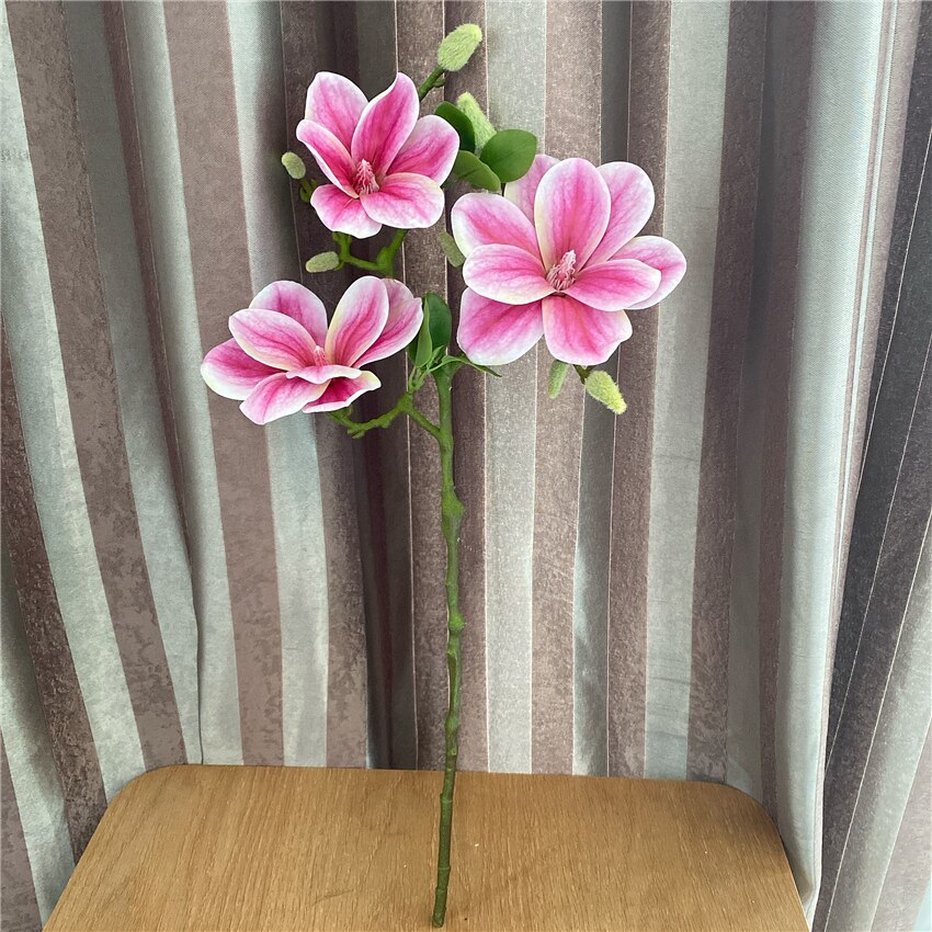 Luksuriøse stor magnolia gren ekte touch kunstige blomster til jul bryllup dekorasjon blomster kunstige: Mørk rosa 56cm