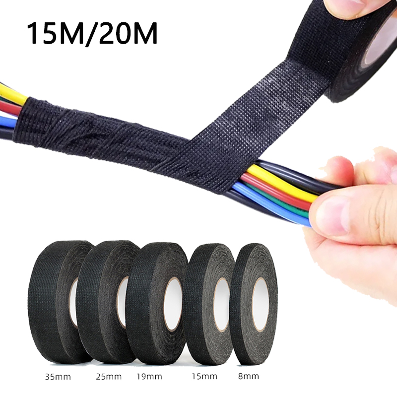 15m/20m varmebestandig teip selvklebende stofftape til bilkabelsele ledninger stoffvev elektrisk varmetape 8-19mm