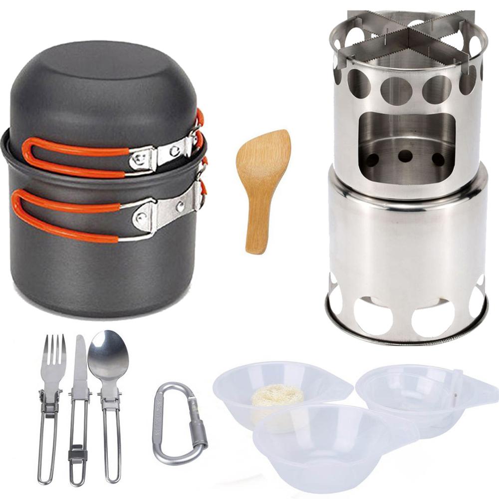 Outdoor cookware kit hiking camping set pot wood stove set with cutlery pot stove outdoor equipment