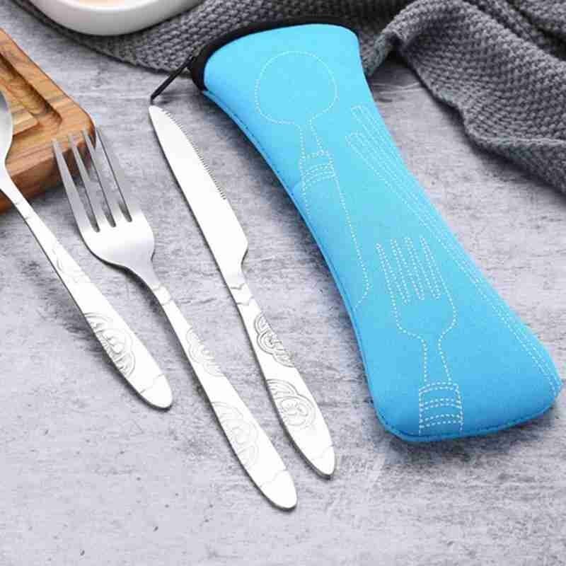 Cuchillos de acero con tenedor y cuchara para viaje familiar, conjunto de cubertería portátil con bolsa de almacenamiento, 4 Uds.