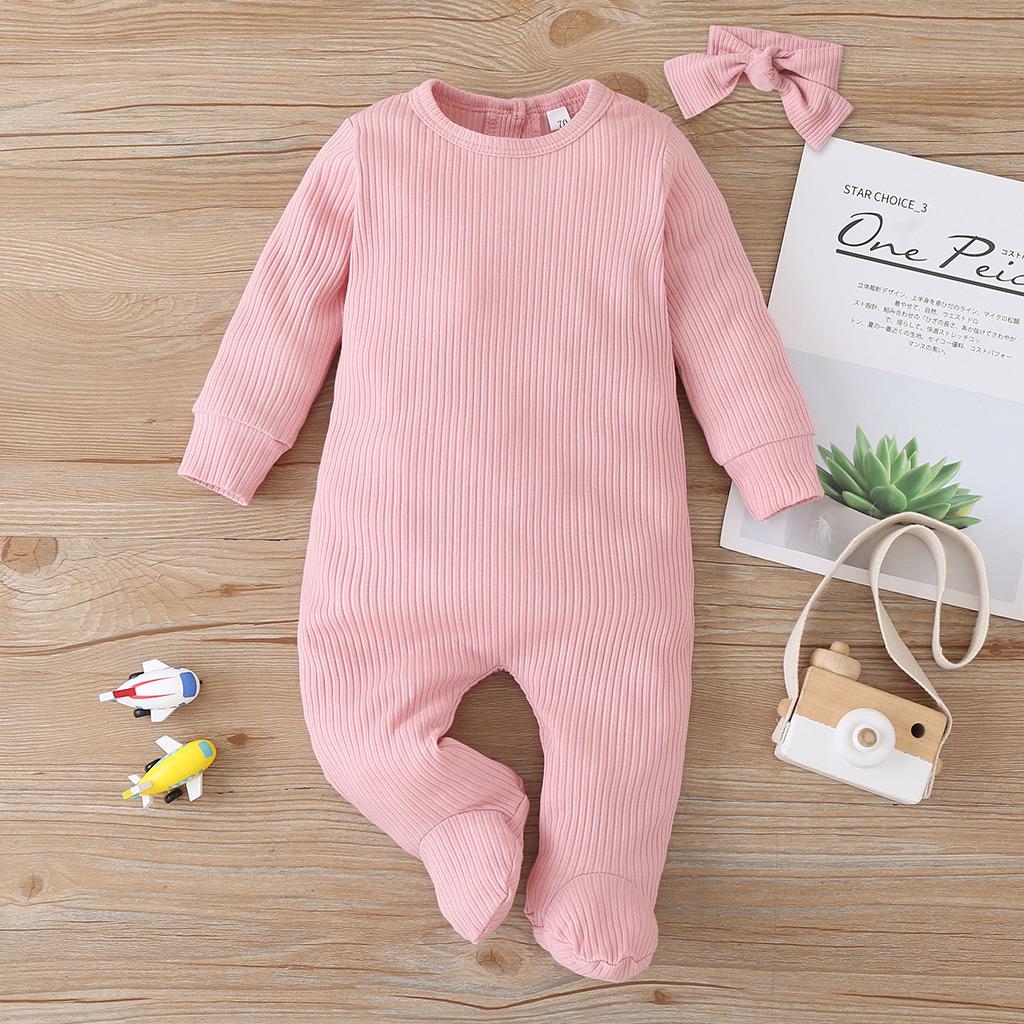 0-12M Alle Seizoenen Outfits Baby Meisjes Jongens Betaalde Jumpsuits Geribbelde Footies Leuke Verstoorde Lange Mouwen Solid Knit een Stuk Pyjama