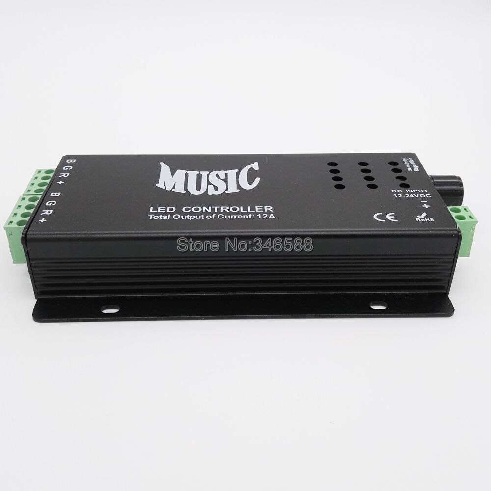 12V - 24V 12A Sound Activated Music Controller Black Color with 24key IR Remote Control 144W 2 Ports Output for RGB LED Strip