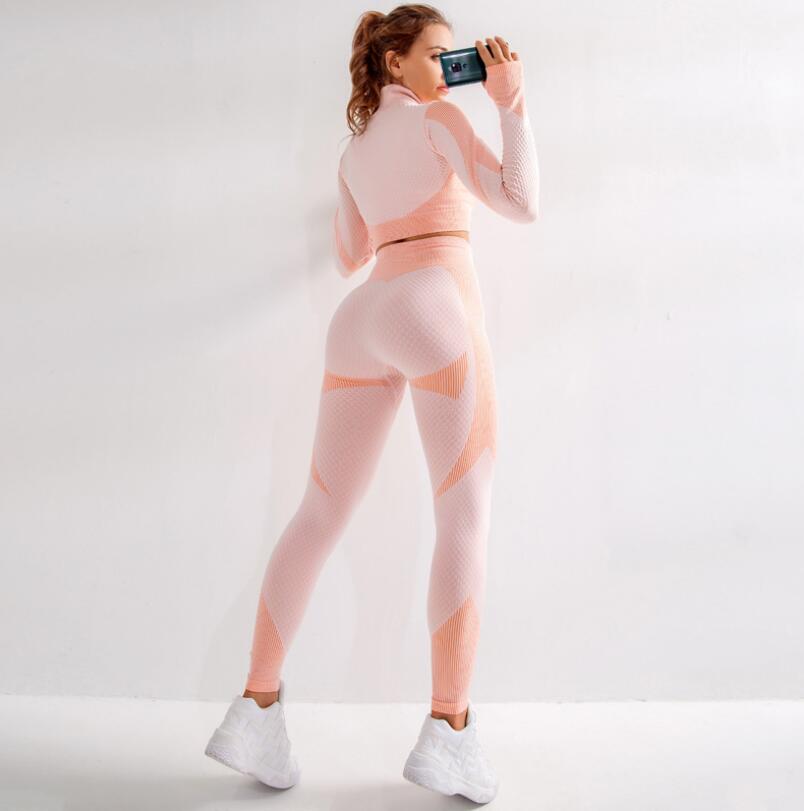 Sømløs yogadragt med åben navle kort stil lynlås langærmet med hofteopløftende elastisk fitnessbukser træningsdragt