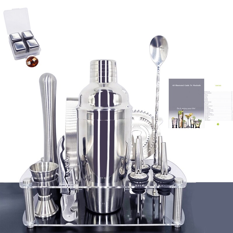 1-13 Pieces Cocktail Shaker Set Bartender Kit Stainless Steel Martini Mixer, Muddler, Spoon, jigger, 4 pourers, Recipes Booklet