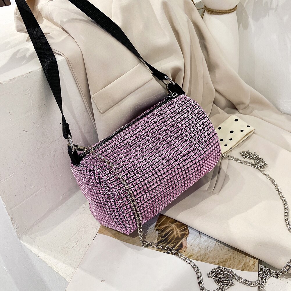 Bolso cruzado con diamantes de imitación para mujer, bandolera con cadena de diamantes relucientes, informal,: Purple