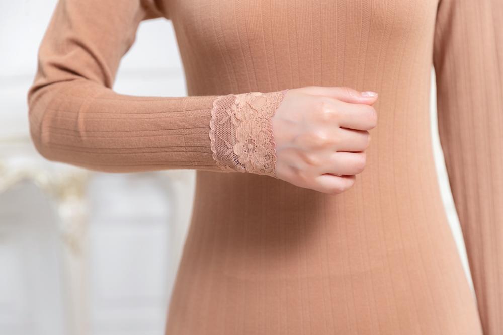 Pyjama col roulé à volants pour femme, , Long, moulant, en dentelle, sous-vêtements thermiques, pour l&#39;hiver
