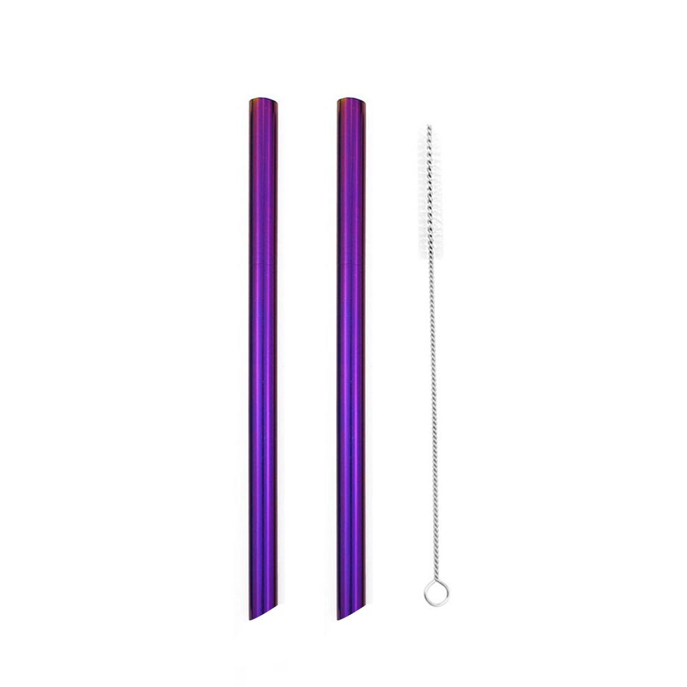 2 stk genanvendelige brede metal sugerør skarpe sugerør 215 x 12mm lige drikke sugerør spidse spidser perle milkshake bubble tea: Lilla
