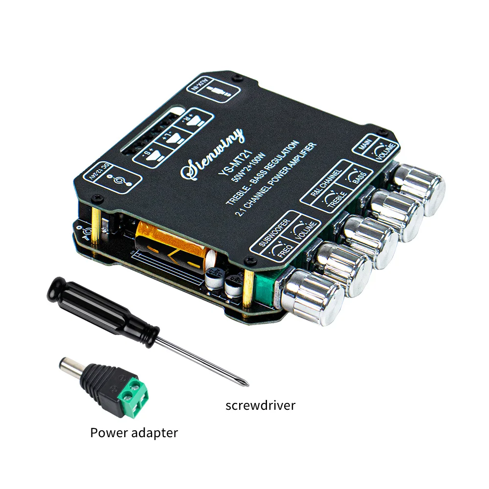 BT5.0 2.1CH Digital Amplifier Board 100W*2+100W Subwoofer Stereo Amp Treble Bass Control AUX 12/24V DIY Home Speaker Module: Brown