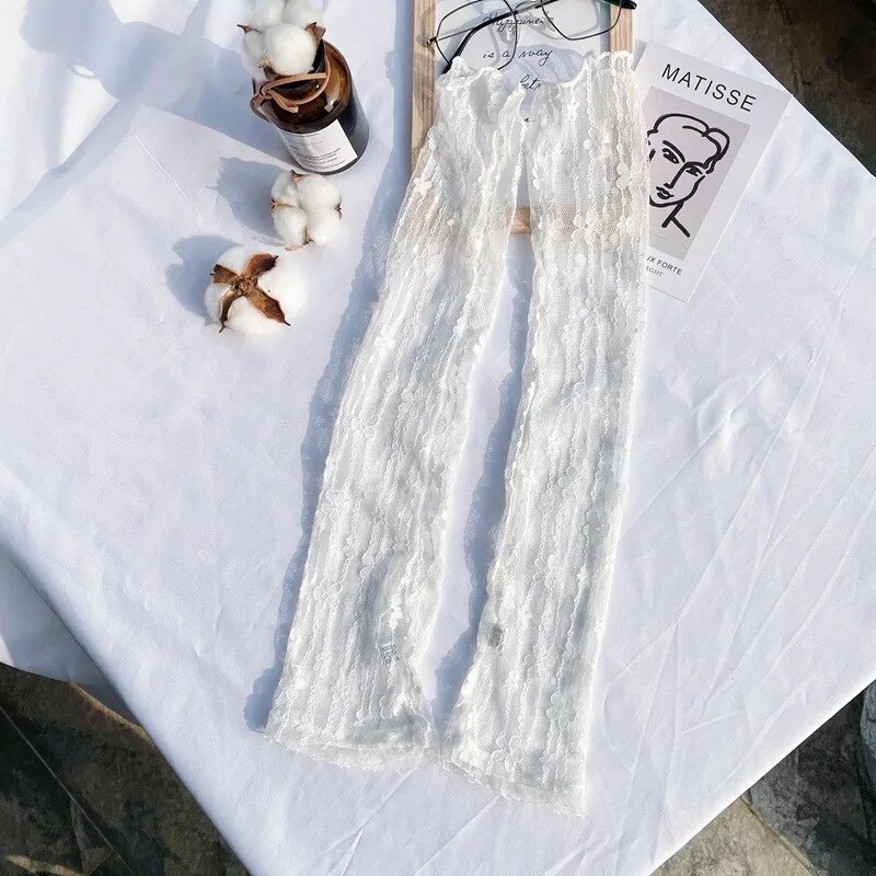 Long Lace Hollow-Out Fingerless Gloves Sun Protection Sleeves Mesh Lace Thin Cycling Sexy Lolita Punk Gloves: WHITE