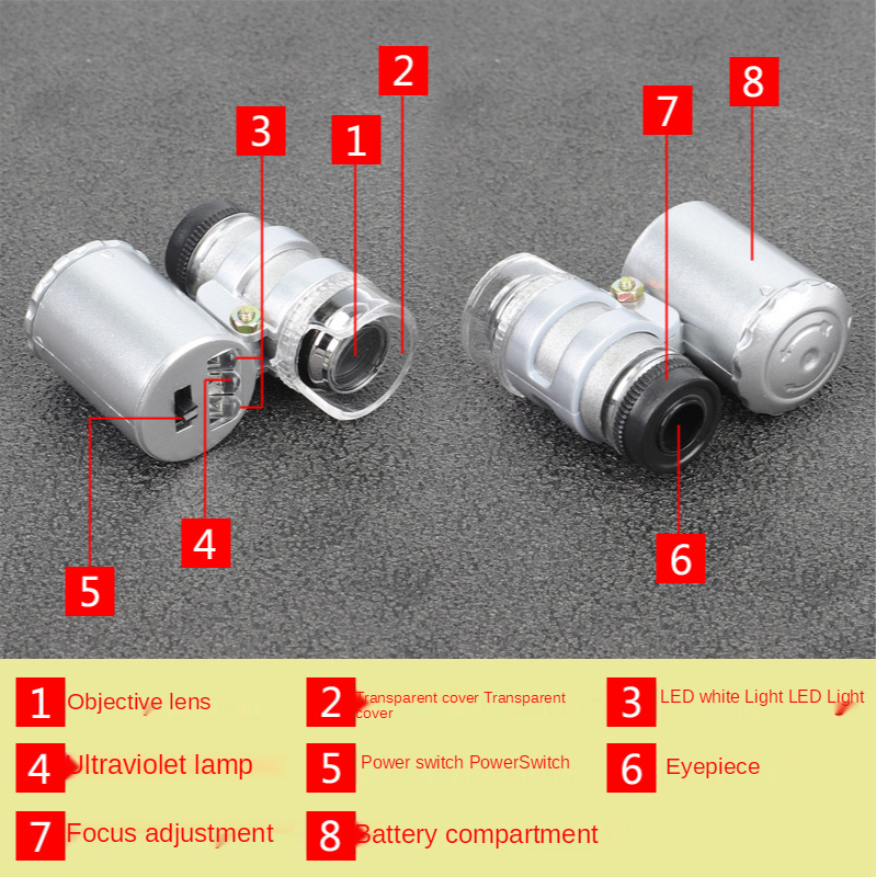 High power magnifying glass 60 times portable mini microscope with light