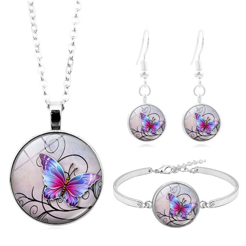 Tegel Sieraden Vlinder Glas Cabochon Ketting Stud Oorbellen Armband Set Totally 4Pcs Boom Celestial Vrouwen Sieraden Set