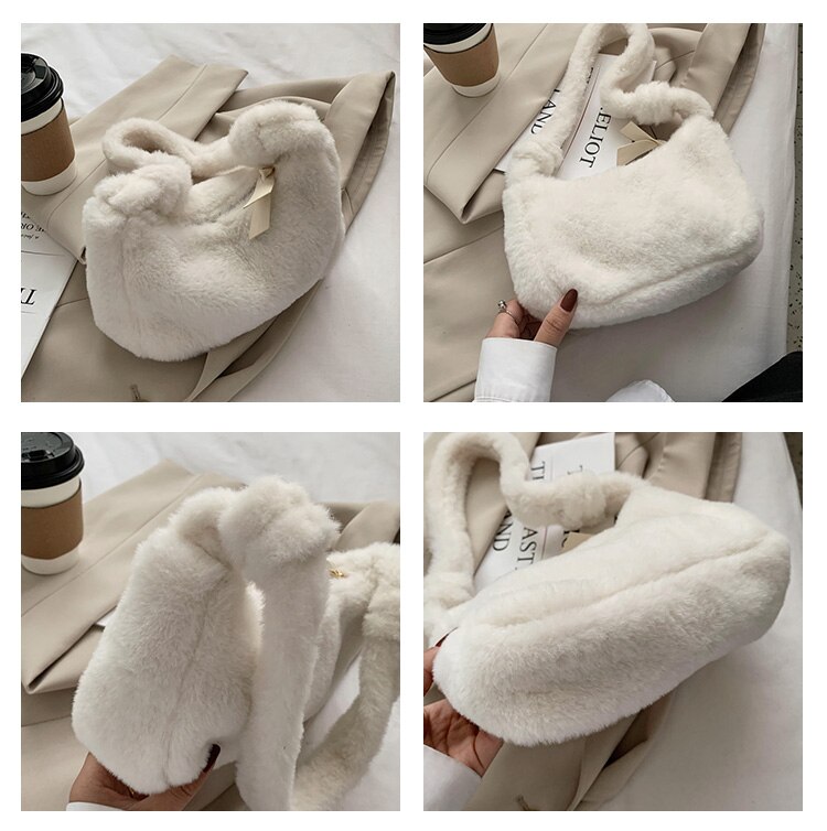 Ensfarvet kvinder plys pung håndtasker vinter damer hobos små skuldertasker vintage fluffy kvindelig tote underarm taske