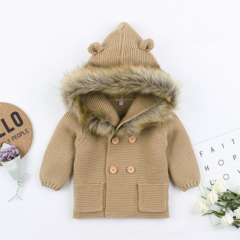 Winter warme baby jongens meisjes jassen jassen kleding katoenen bontkraag trui schattige kinderen kinderkleding bovenkleding met zak: Khaki / 18m