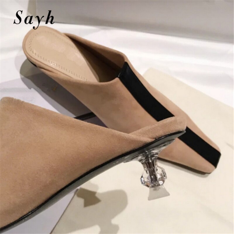 luxe femmes Suqare orteil Mules pompes pantoufle haute cristal talons Patchwork chaussures bureau dame slip-on Stilettos