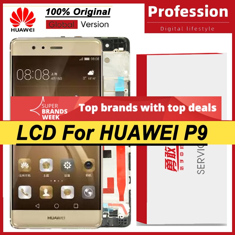 100% Original 5.2&#39;&#39; Display with Frame for Huawei P9 EVA-L09 EVA-L19 LCD Touch Screen Digitizer Assembly Repair Parts