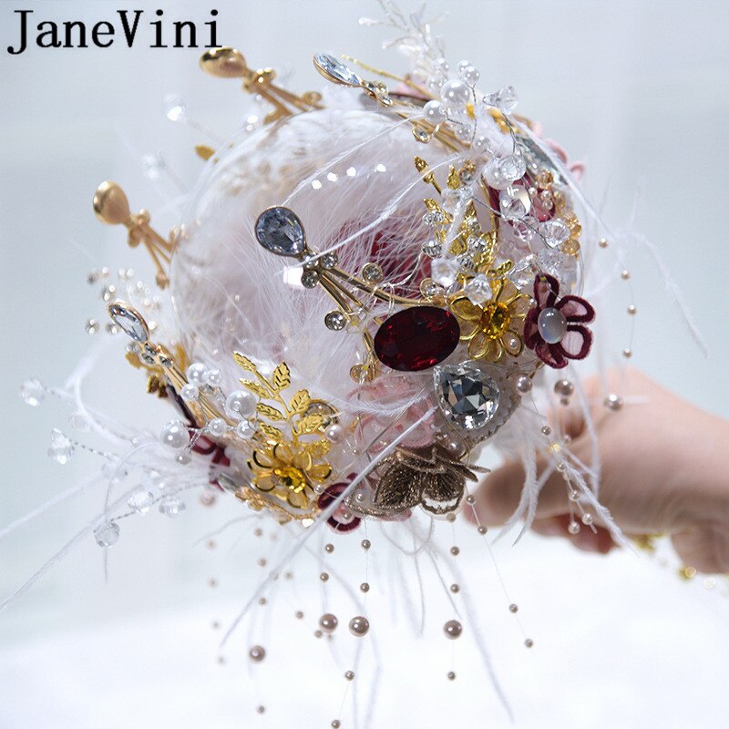 JaneVini luksusowa czerwona róża panna młoda berło złota korona pióro bukiet ślubny perły luksusowe ręcznie kryształbyć winnym kwiaty ślubne gospodarstwa
