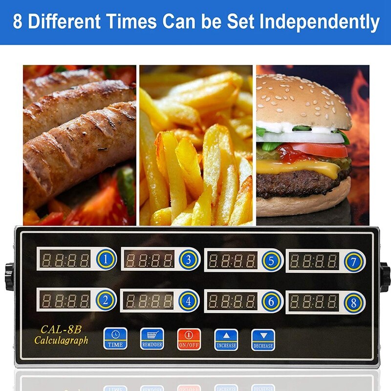 Commercial 8 Channels Digital Kitchen Timer, Stainless Steel Calculagraph Timer with Alarm , Clock Reminder,EU Plug