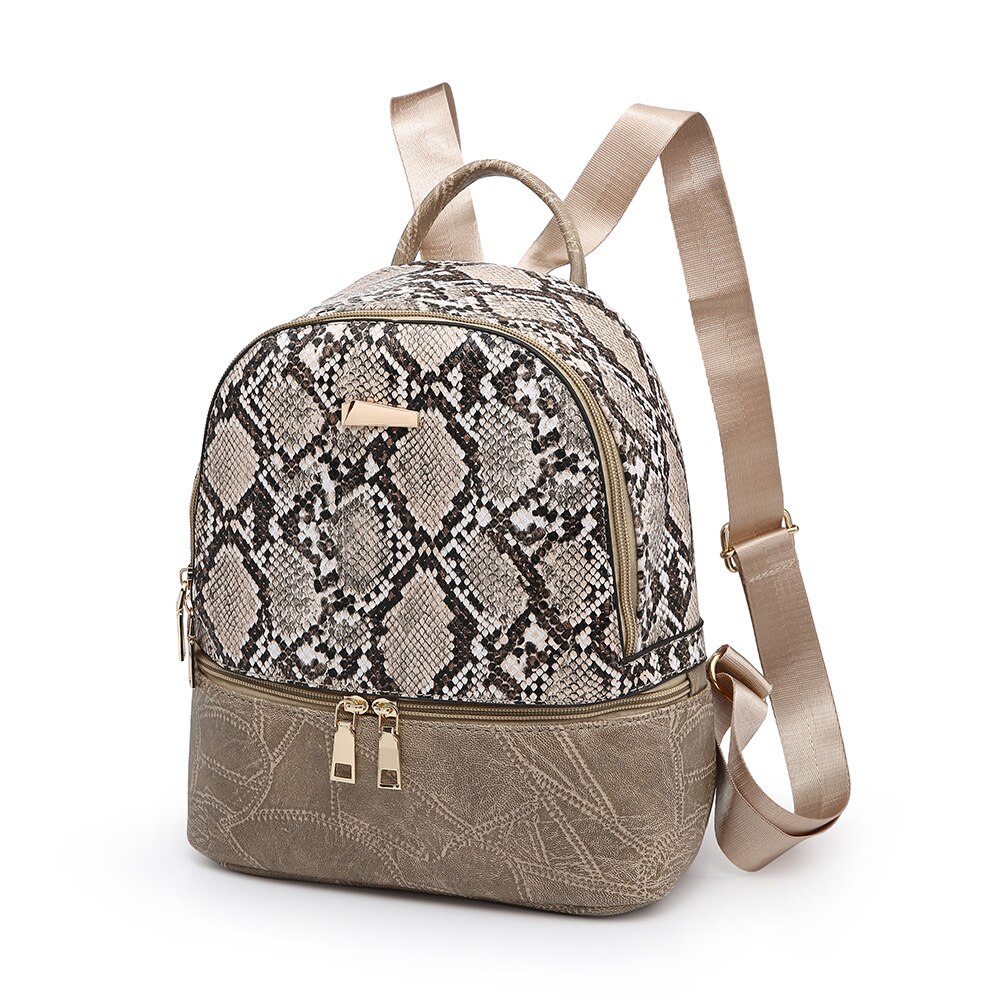 Mochila De piel con de serpiente para mujer, morral de piel para chicas adolescentes, bolso de hombro color caqui