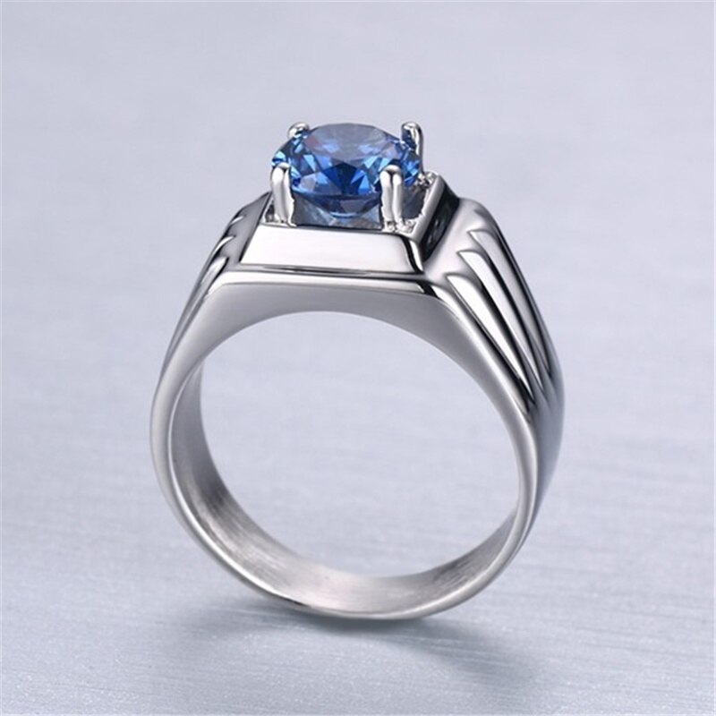 FDLK Retro 316L Stainless Steel + Zinc Alloy Blue Crystal Ring Mens Wedding Party Ring
