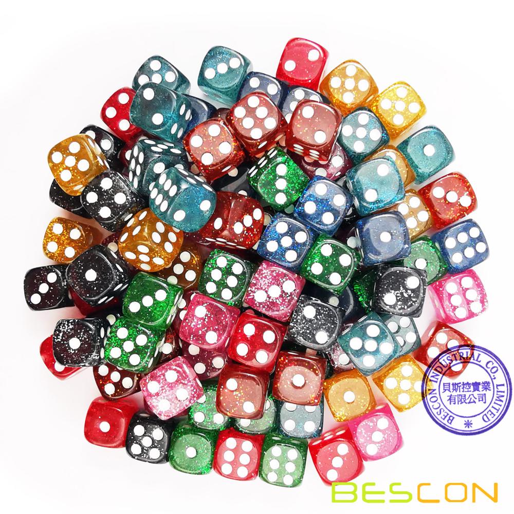 Bescon "Veel Glitter" 16MM D6 Set 100 pcs, diverse Gekleurde Glitter Dobbelstenen Set 100pcs