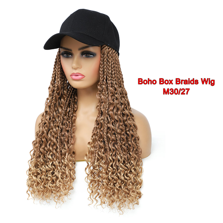 TOMO-gorra de béisbol con extensiones de pelo de ganchillo para mujer, sombrero ajustable con peluca sintética, trenzas de caja rizadas adjuntas: Color natural / 24 pulgadas