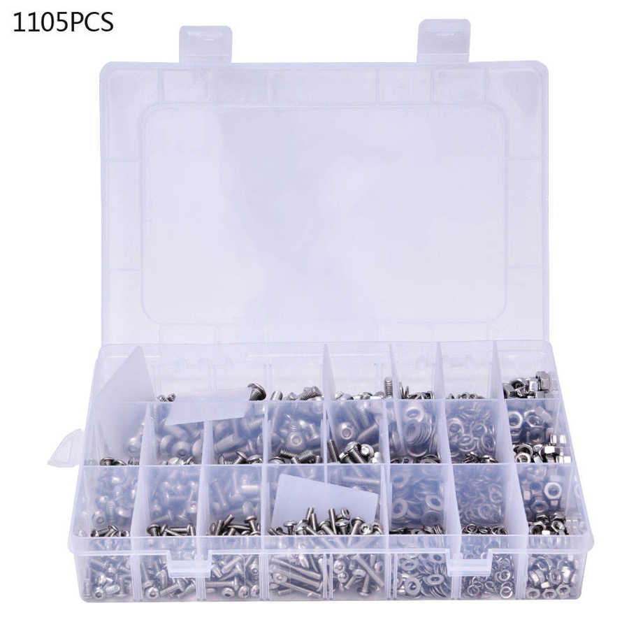 Sujetadores para carpintería ferreteria 1105 Uds Kit de tornillos tornillo con cabeza hexagonal tuerca surtido para lavador Kit M3 inoxidable
