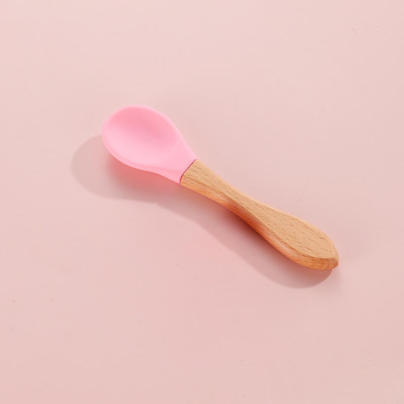 Feeding Wooden Handle Silicone Spoon For Baby Utensils Eat Soild Food Kids Training Manipulative Ability Children's Tableware: Pink