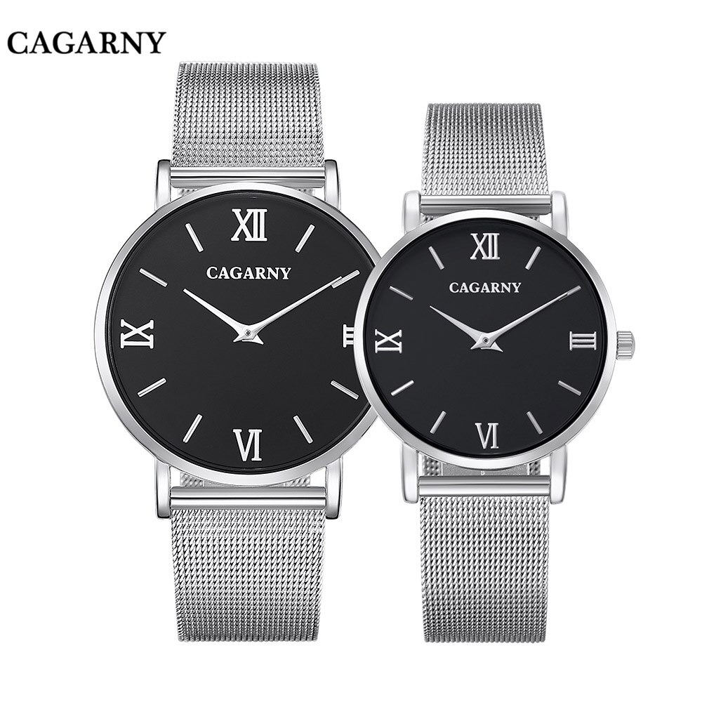 Cagarny Ultra-Dunne Horloge Mannen Vrouwen Rvs Mesh Band Rose Gold Horloges Lover &#39;S Koppels horloge: silver black