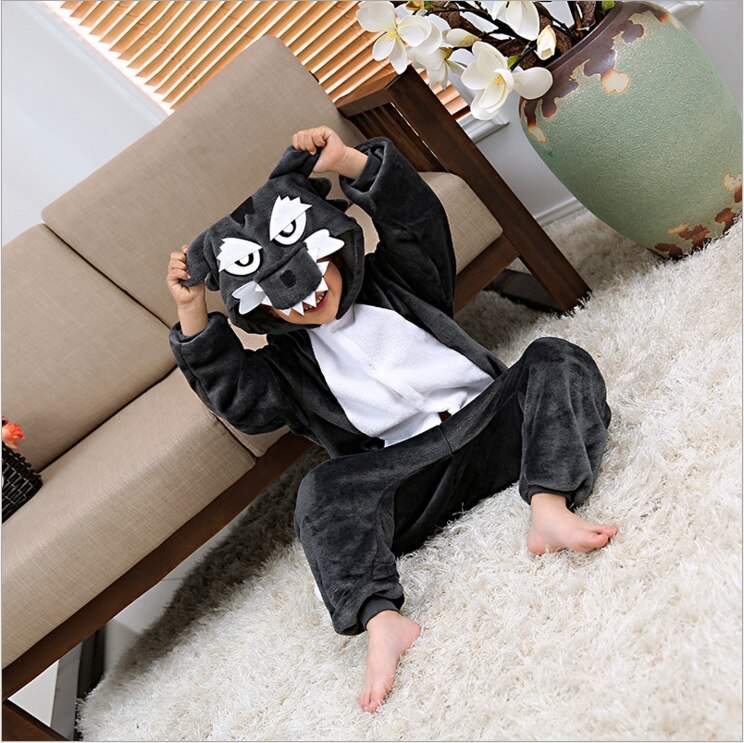 BIKIRUB Kinderen Pyjama Winter Hooded Nachtkleding Jongens Meisje Pyjama Set Kigurumi Leuke Timber Wolf Animal Kids Pyjama Flanellen Pijama