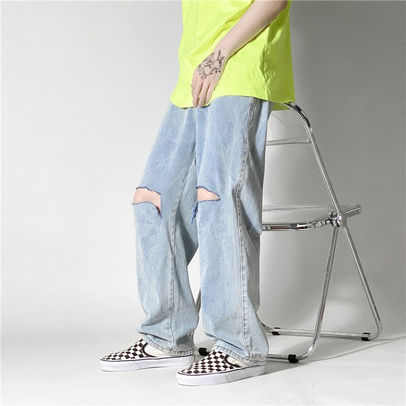 Spring Summer Wide-leg Jeans Men's Casual Ripped Jeans Men Streetwear Loose Hip-hop Hole Straight Denim Trousers Mens