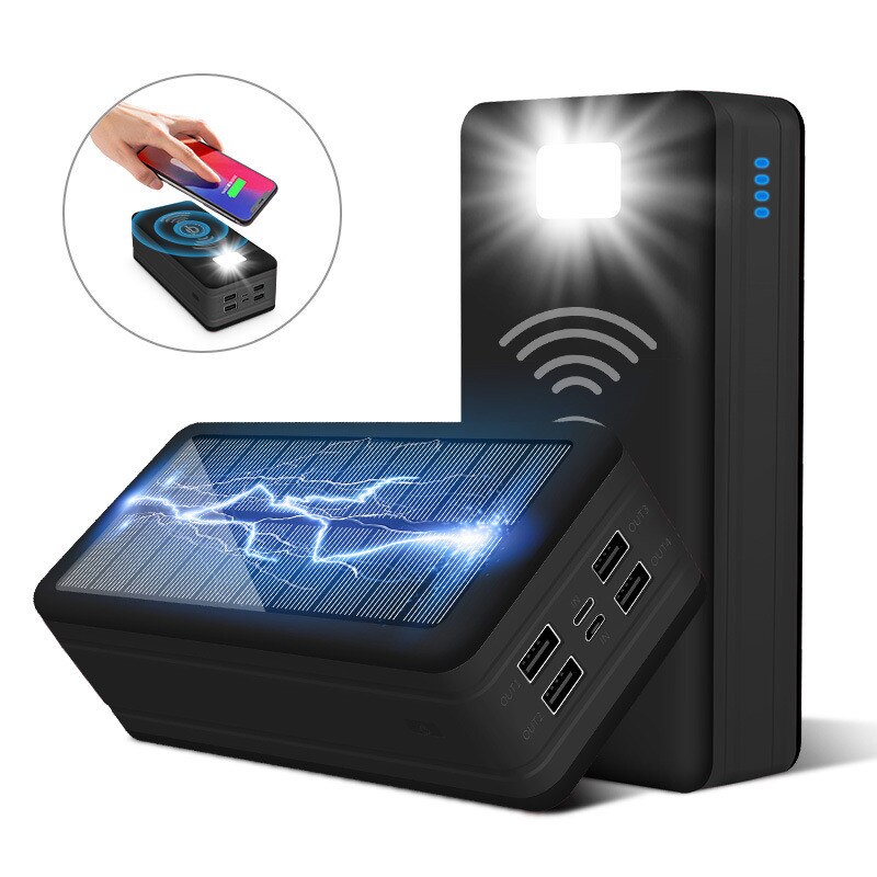 Solar 99000 mah power bank carregador sem fio portátil de carregamento rápido com luz acampamento emergência sos bateria externa: Solar wireless Black