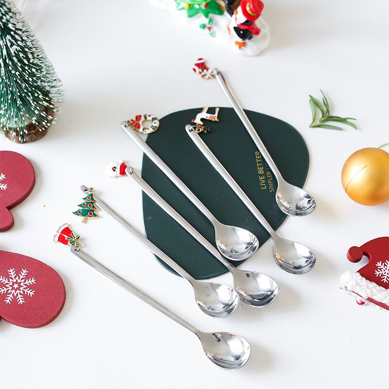 6 stk / sæt rustfrit stål jule ske sæt jul fest bordservice dekoration lang håndtag ske: Sølv