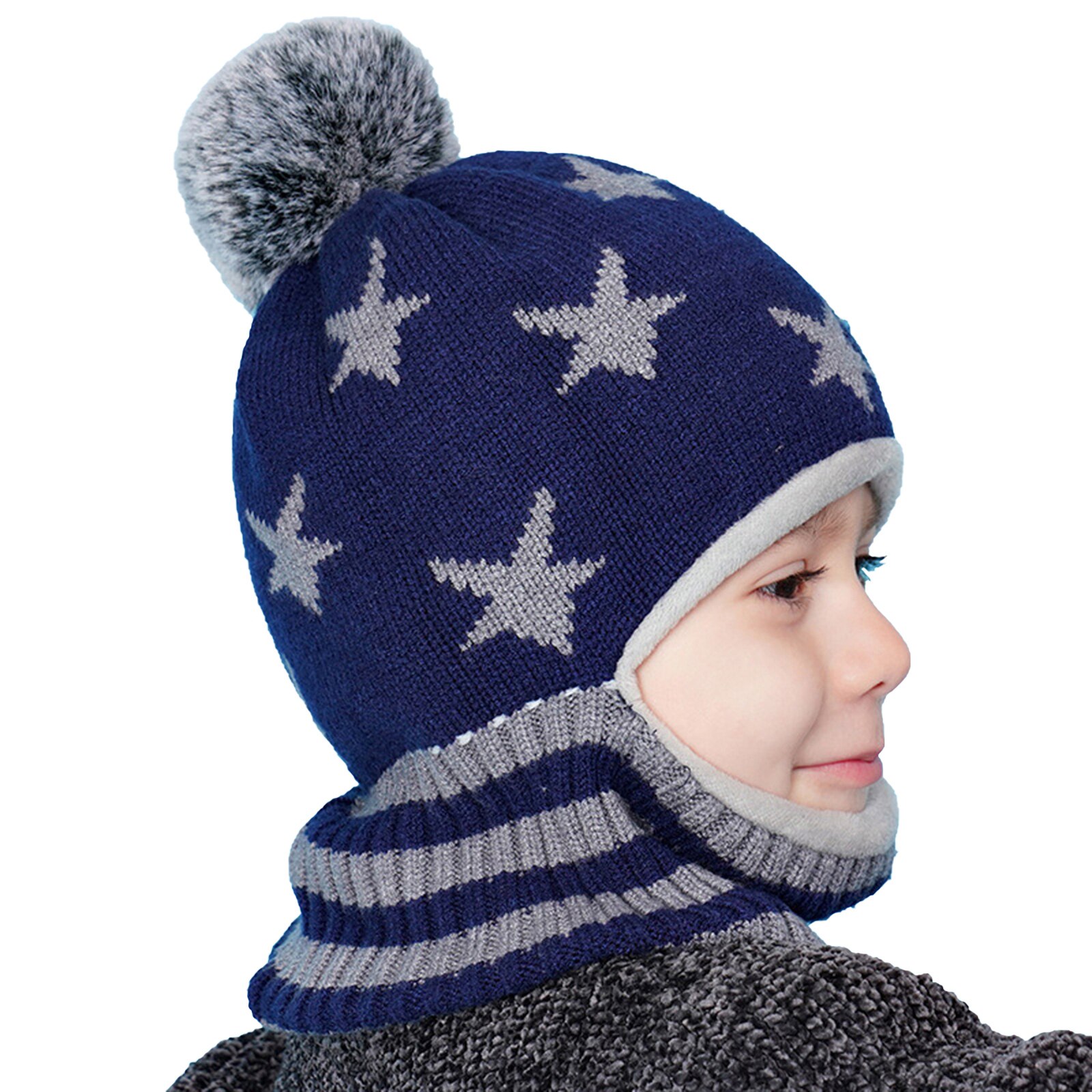 Criança criança criança malha capuz chapéus dos desenhos animados cinco estrelas forro de lã cachecol earflap crânio capa de uma peça tampas de inverno quente do bebê menino