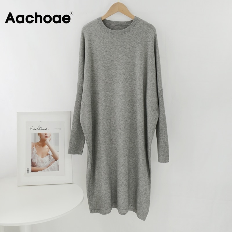 Aachoae lös o hals stickad tröja klänning kvinnor solid batwing långärmade mjuka klänningar hemstil casual midiklänning vestidos