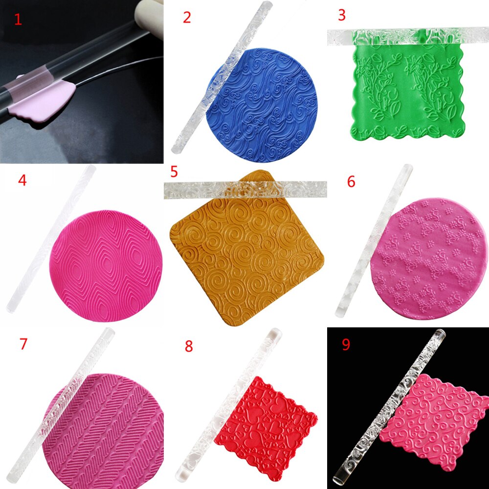 15Styles Acrylic Rolling Pin Fondant Cake Impression Rolling Pin Pastry Roller Embossing Kitchen Baking Decor Tool