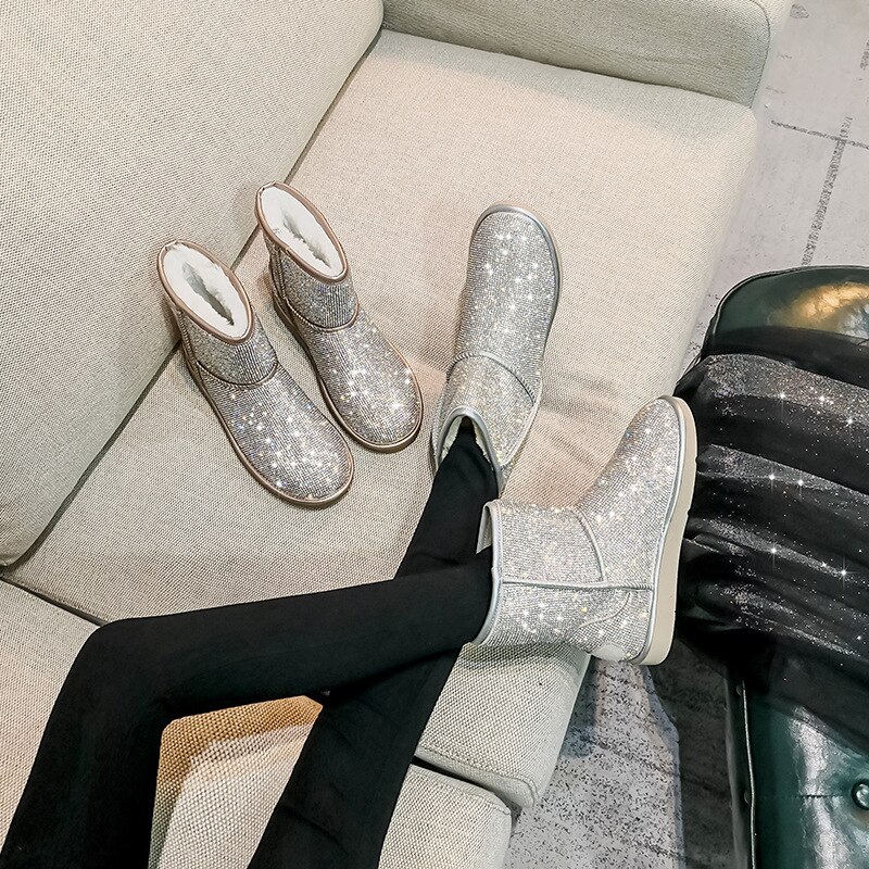 Botas de nieve con cristales brillantes para mujer, botines con cuentas plateadas, con plataforma acolchada de felpa, talla grande 34-43, NS69, Invierno