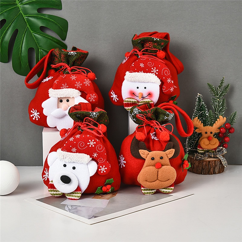 Santa Claus Christmas Decorations For Home Snowman Cloth Bags With Handles For Cookie Candy Drawstring Merry Christmas Bags