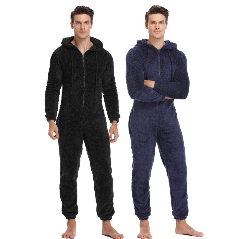 Men Plush Teddy Fleece Pajamas Winter Warm Pyjamas Overall Suits Plus Size Sleepwear Kigurumi Hooded Pajama Sets For Adult Men