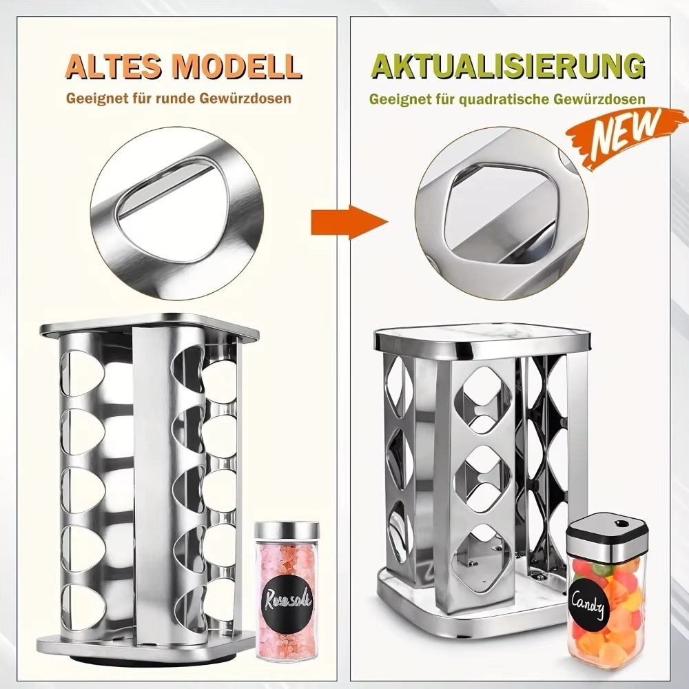 360° Rotating Spice Rack Stainless Steel Seasoning Vertical Spice Sorting Rack Square Condiment Organizer Salt Sugar Containers
