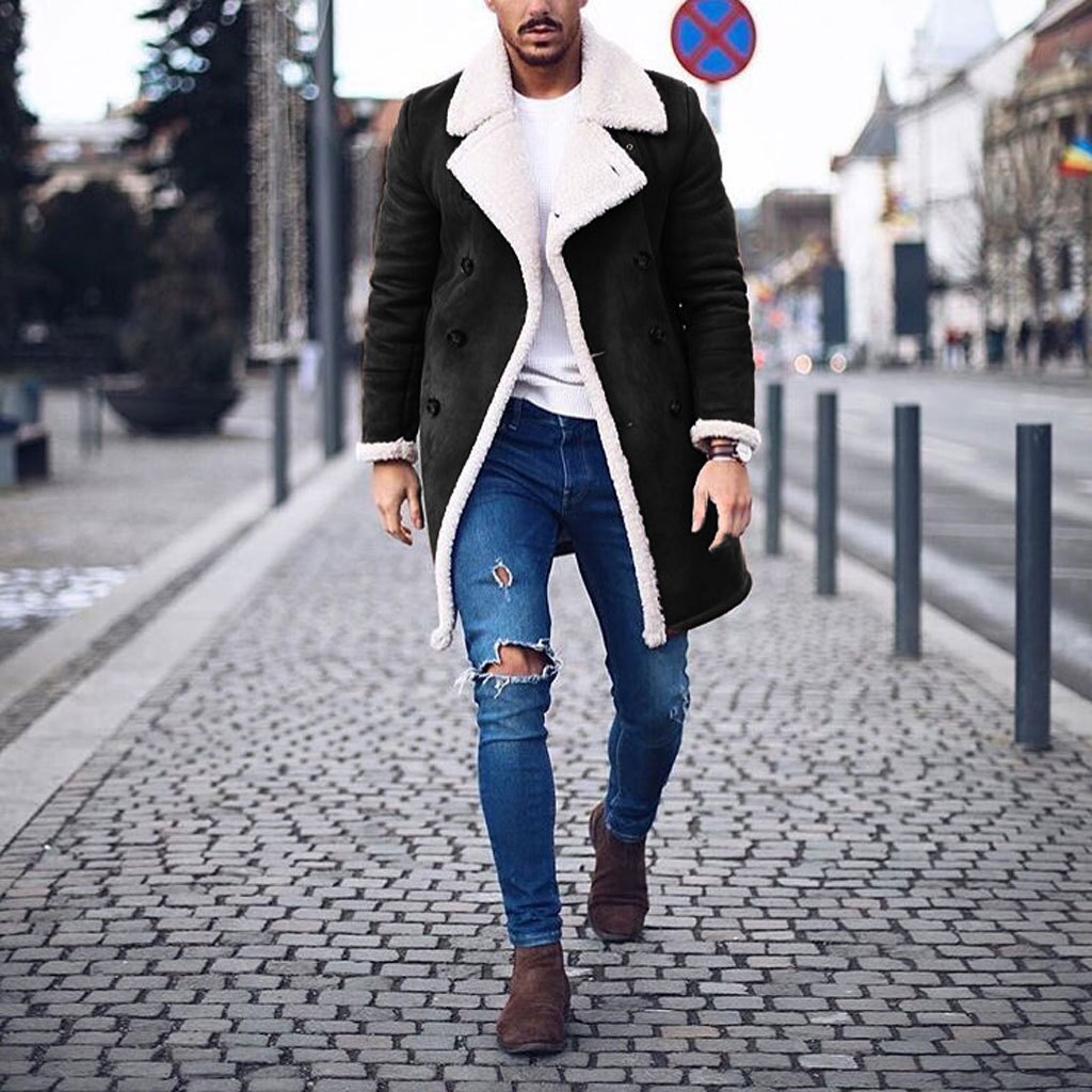 Herre vinter uld fleece lang overfrakke overtøj varm ruskind frakke mandlige mænd brun lang trench jakke m -3xl: Sort / Xxl