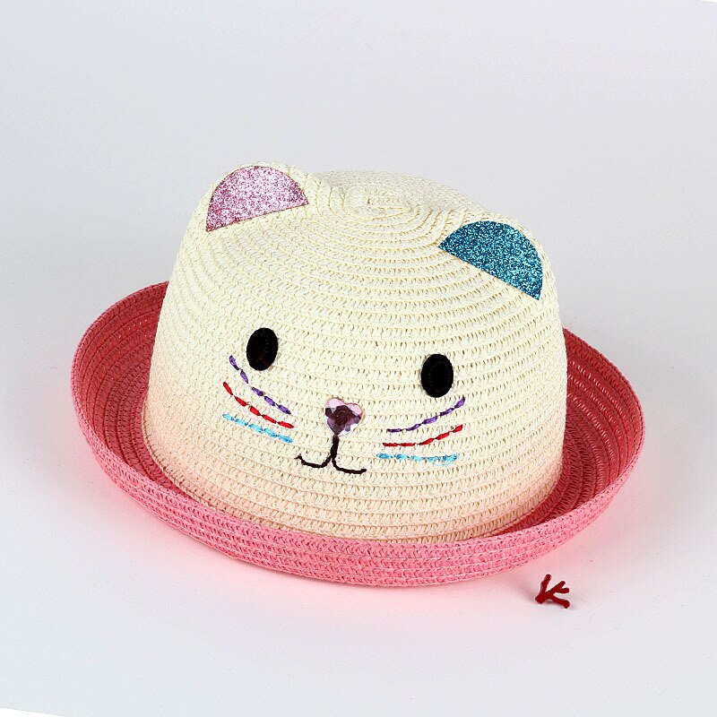 Chapeau de paille mignon avec des oreilles d'été en plein air enfants disquette Panama chapeau enfants filles garçons nuances plage chapeau de soleil: cartoon pink