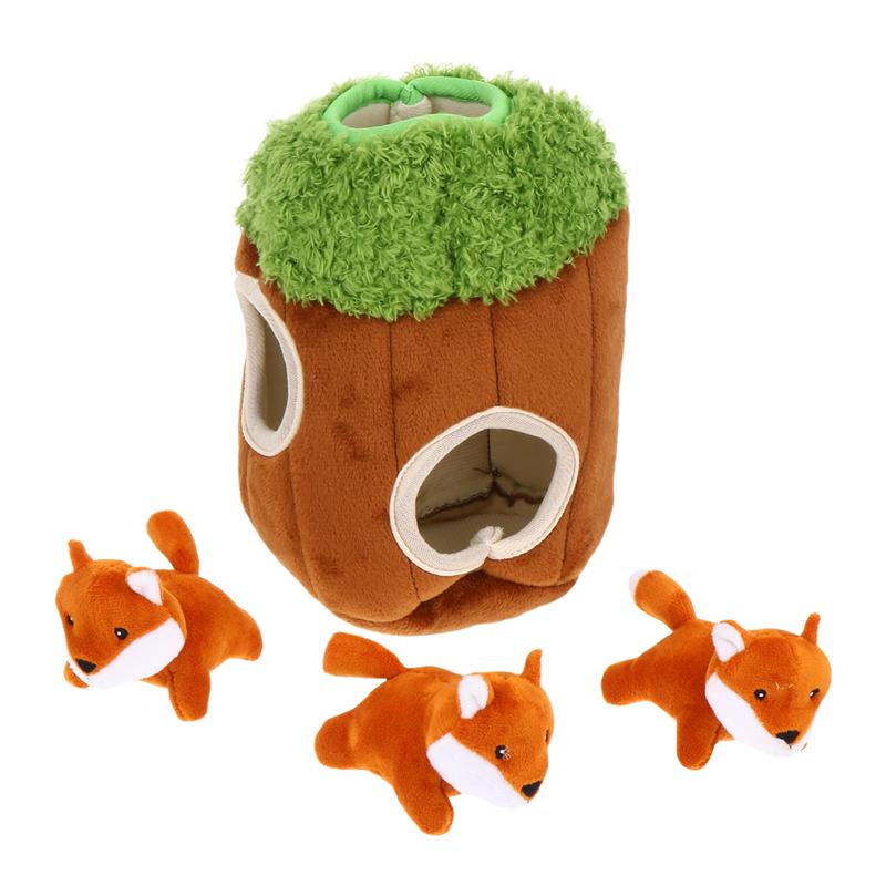 4Pcs Dog Squeaky Plush Toy Tree Trunk Squeaky Plush Toy Pet Chewing Plaything Hide And Seek Activity Game Toys For Dogs Cats: Orange fox