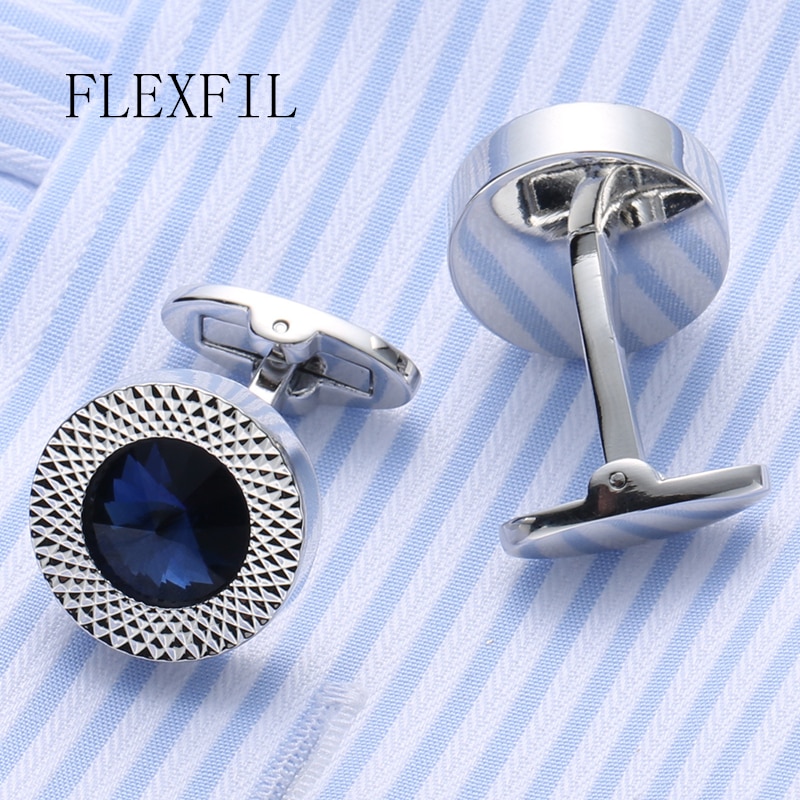 FLEXFIL Sieraden Franse shirt Mode manchetknopen voor heren blauw kristal manchetknopen Knop Bruiloft Mannelijke