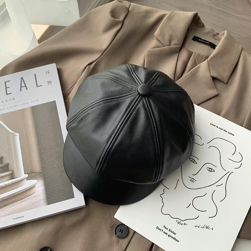 PU Leather Beret Hat Solid Female Autumn Winter Korean Student Wild Round British Style Octagonal Hats Pumpkin Cap