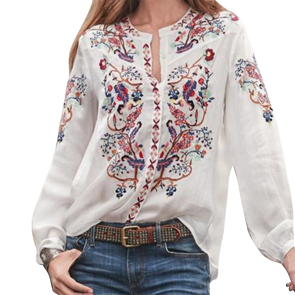 Crew Neck Losse Dames Vrouwen Blouse Tops Party Vrouwelijke Gedrukt Casual Zomer Lantaarn Mouw Polyester Etnische: WHITE / M