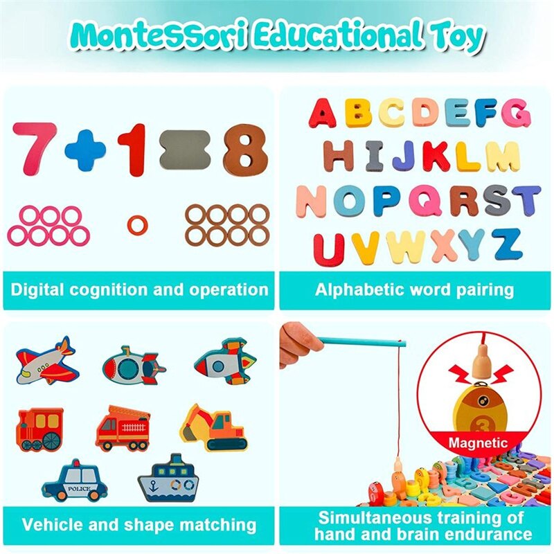 Wooden Montessori Magnetic Puzzle Educational Toy Early Education Shape Color Math Matching Log Board Fishing Puzzle Counting