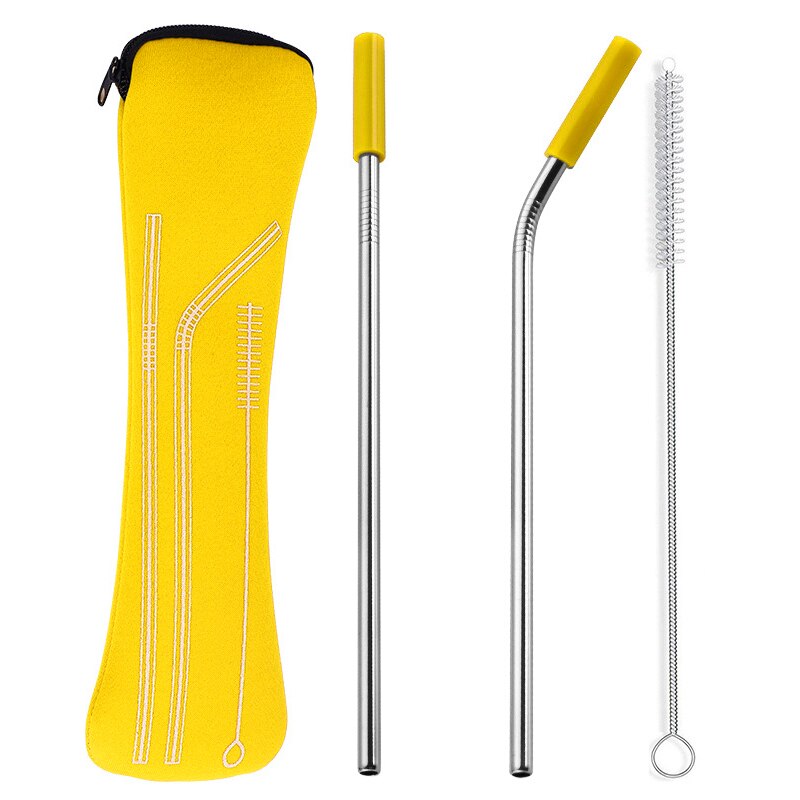 1 set Reusable Stainless Steel Straws Straight Bent Drinking Straws with Silicone Tips Cold Beverage Metal Drinking Straw: yellow 4pcs