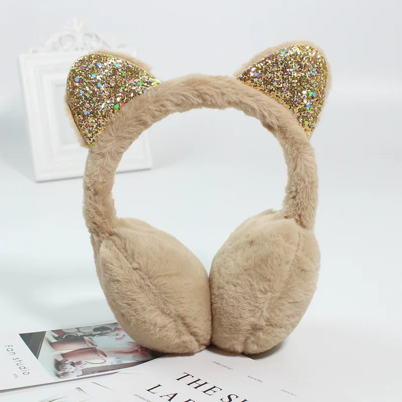 Soft Plush Cute Cat Ear Earmuffs for Women Kids Outdoor Winter Warm Thickened Ear Protector Cold Protection Folding Ear Cover: khaki